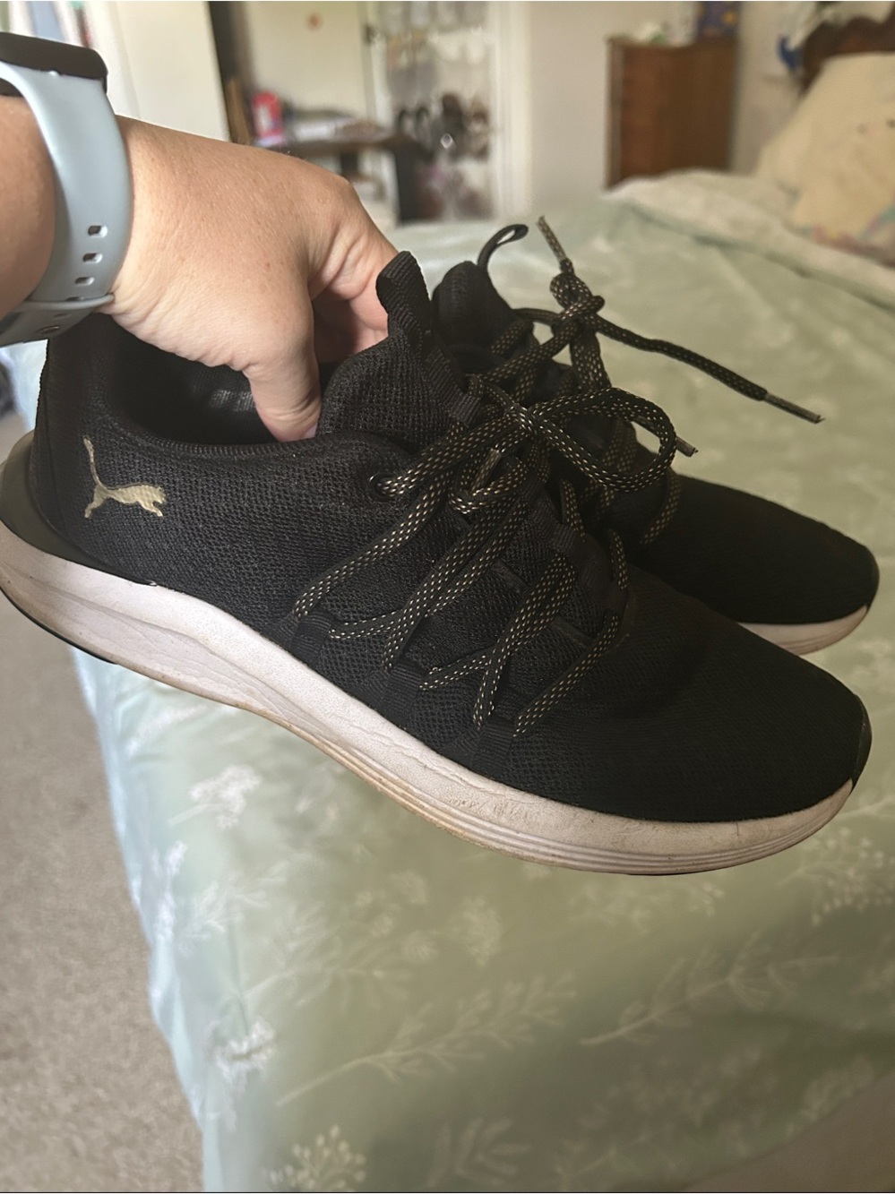Puma Black Knit Sneakers with Gold Logo and Cream Sole